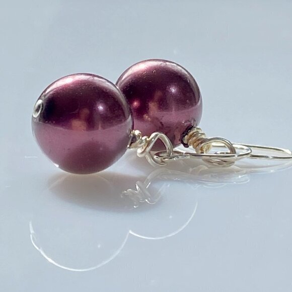 ❤️ Burgundy Austrian Crystal Pearl Earrings - Picture 3 of 9